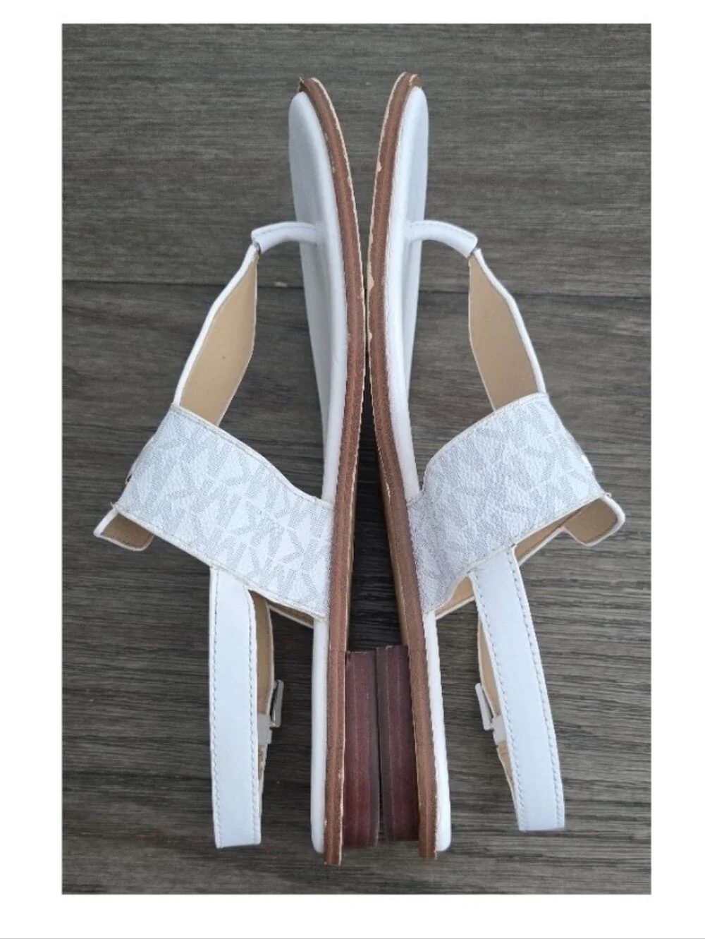 Michael Kors White Leather Thong Sandals with Silver MK Emblem, Size 10